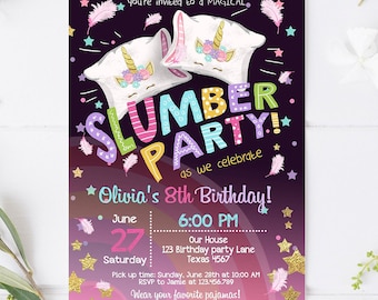 Editable Unicorn Slumber Party Birthday Invitation Sleepover Pajamas Girl Pink Gold Rainbow Gold Digital Evite Template Printable 0328