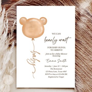 Editable We Can Bearly Wait Baby Shower Invitation Teddy Bear Gender Neutral Brown Boho Digital Download Template Printable 0439