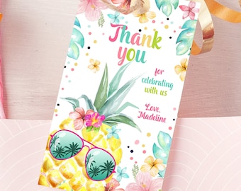 Editable Tropical Aloha Hawaiian Favor Tag Luau Birthday Party Pineapple Favor Tag Mahalo Pool Party Pink Digital Template Printable 0391