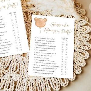 Editable Guess Who Baby Shower Game Modern Bear Cute Teddy Bear Baby Shower Boho Bearly Wait Mommy or Daddy Corjl Template Printable 0439