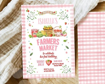 Editable Farmers Market Birthday Invitation Pink Strawberry Home Grown Veggies Farm Market Download Printable Invite Template Corjl 0144