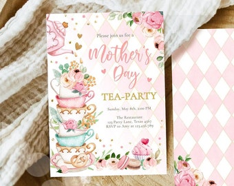 Bewerkbare Moederdag Tea Party-uitnodiging Tea Party Moederdagbrunch Nodig mama en mij uit roze bloemen gouden Corjl-sjabloon afdrukbare 0349