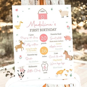 Editable Farm Animals Birthday Milestone Sign Girl Pink Farm Minimalist Barnyard Bash Barnyard Sign Floral Digital Template Printable 0436