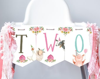 Farm Animals High Chair Banner TWO Second 2nd Birthday Girl Pink Party Animals Barnyard Party Decor Instant Download Digital Printable 0155