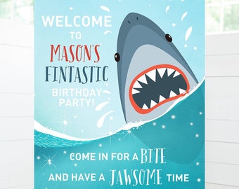 Editable Shark Welcome Sign Shark Birthday Sign Under The Sea Sharktastic Fintastic Jawsome Pool Party Boy Template Corjl PRINTABLE 0089