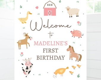 Editable Farm Animals Birthday Welcome Sign Birthday Welcome Sign Party Animals Birthday Sign Girl Modern Digital Template Printable 0436