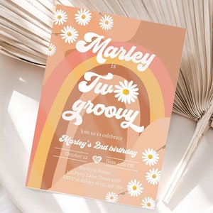 May include: A party invitation with a retro design. The invitation features the text "Marley is Two Groovy" with a rainbow and daisy accents. Additional text includes party details and RSVP information.