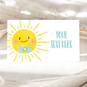 Bearbeitbares Sonnenschein-Lebensmitteletikett Kleiner Sonnenschein Geburtstags-Lebensmittelkarten Tent Card Boy Blue Summer Sunshine Party Digital Template Printable 0141