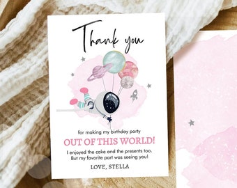Editable Space Birthday Thank You Card Girl Space Astronaut To the Moon Galaxy Thank You Note Download Printable Template Digital Corjl 0366