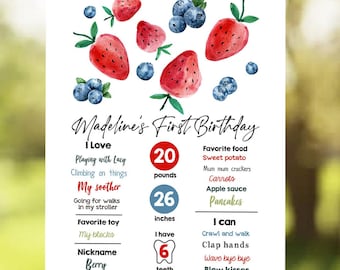 Editable Berry First Birthday Milestones Sign Strawberry Blueberry 1st Birthday Girl Farmers Market Digital Download Template Printable 0399