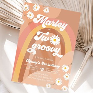 Editable Two Groovy Birthday Party Invitation 2nd Birthday Boho Retro Flower Power 70&#39;s Daisy Digital Download Template Printable 0428