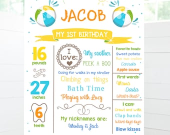 Bewerkbare Pool Party verjaardag mijlpalen poster verjaardag schoolbord Splish Splash Ball 1e verjaardag jongen digitale sjabloon afdrukbare 0169