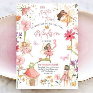 Bewerkbare Fairy Princess verjaardagsuitnodiging meisje roze bloemen Fairy Party grillige tuin digitale download Evite-sjabloon afdrukbare 0406
