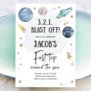 Editable Outer Space First Birthday Invitation Galaxy Blast Off First Trip Around the Sun Digital Download Evite Template Printable 0357