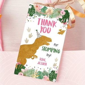 Editable Dinosaur Favor Tags Gift Tag Girl Pink Gold Thank You for Stomping By Tag Birthday Dino Party T-Rex Digital Template Printable 0146