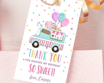 Editable Ice Cream Truck Favor Tag Birthday Favors Thank You Sweet Girl Pink Balloons Gold Gift Digital Download Template Printable 0243