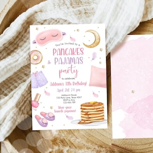 Editable Pancakes and Pajamas Birthday Invitation Movie Night Party Girl Pink Teen Tween Slumber Party Digital Corjl Template Printable 0447