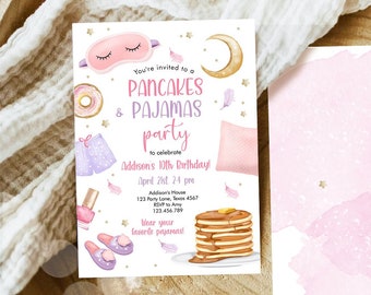 Editable Pancakes and Pajamas Birthday Invitation Movie Night Party Girl Pink Teen Tween Slumber Party Digital Corjl Template Printable 0447