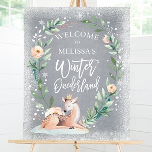 Editable Winter Deer Birthday Welcome Sign Winter Onederland Girl Pink Gold Christmas Snow Party Holiday Digital Template Printable 0265