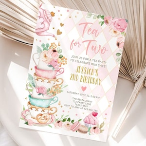 May include: A pink and white tea party invitation with a stack of teacups and a teapot. The invitation says "Tea for Two" and "Jessica's 2nd Birthday".