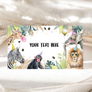 Editable Party Animals Food Labels Wild One Pink Girl Jungle Safari Animals Birthday Place Card Tent Card Escort Card Corjl Template 0417