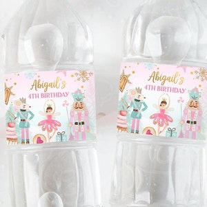 Bearbeitbare Nussknacker Wasserflaschenetiketten Nussknacker Geburtstag Party Girl Winter Land der Süßigkeiten Gold Digital Download Template Printable 0352