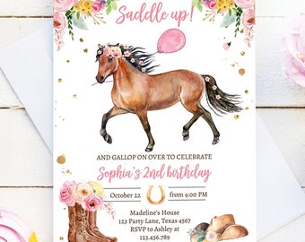 Editable Horse Birthday Invitation Girl Saddle Up Watercolor Cowgirl Horse Party Invite Pink Floral Digital Evite Template Printable 0408