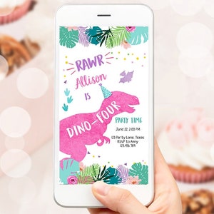Editable Dino-Four Dinosaur Birthday Evite Dino T-Rex 4th Invitation Fourth Girl Pink Prehistoric Phone Digital Download Template 0423