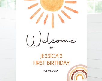 Editable Sunshine Welcome Sign First Trip Around the Sun Birthday Party Boho Gender Neutral Sun Baby Shower Digital Template Printable 0431