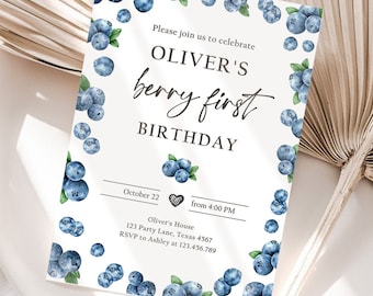 Editable Blueberry Birthday Invitation First Birthday Berry Sweet Boy Cute Blueberries 1st Digital Download Evite Template Printable 0399