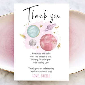Bewerkbare ruimte bedankkaart verjaardag babyshower meisje astronaut naar de maan Galaxy bedankje digitale downloadsjabloon afdrukbare 0357