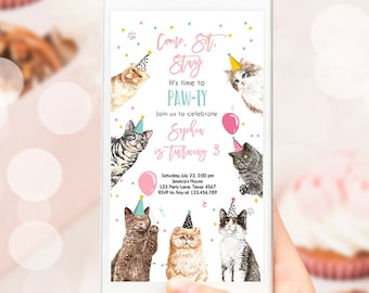 Editable Cat Birthday Party Evite Kitten Birthday Invitation Pink Girl Kitty Paw-ty Digital Download Phone Electronic Evite Template 0384
