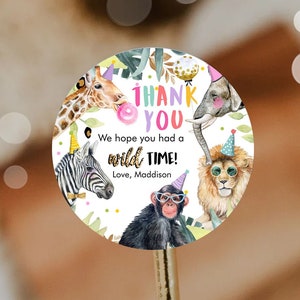 Editable Party Animals Favor Tags Wild One Animals Thank You Tags Safari Zoo Girl Birthday Wild Time Stickers Digital Download Template 0417