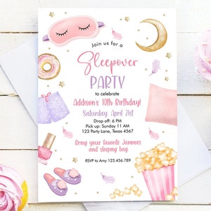 Editable Slumber Party Birthday Invitation Sleepover Birthday Invite Pink Girl Spa Tween Teen Digital Download Evite Template Printable 0447