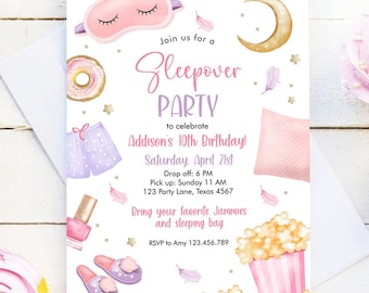 Editable Slumber Party Birthday Invitation Sleepover Birthday Invite Pink Girl Spa Tween Teen Digital Download Evite Template Printable 0447