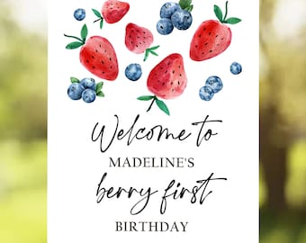 Editable Strawberry Blueberry First Birthday Welcome Sign Berry First Sweet Party Farmers Market Watercolor Digital Template Printable 0399