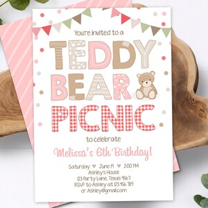 May include: A pink and brown invitation for a Teddy Bear Picnic to celebrate a 6th birthday. The invitation features a teddy bear with a red heart and the text "You're invited to a Teddy Bear Picnic: to celebrate Melissa's 6th Birthday!"  The invitation also includes the date, time, location, and RSVP information.