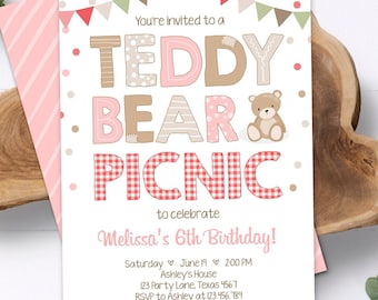 Editable Teddy Bear Picnic Birthday Invitation Girl Pink Red Gingham Bear Picnic Summer Outdoor Party Digital Template Printable 0100