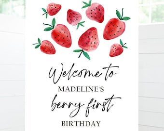 Editable Strawberry Welcome Sign Strawberry Birthday Welcome Farmers Market Girl Berry First Watercolor Digital Template Printable 0399