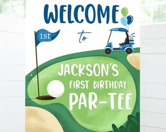 Bewerkbare Golf verjaardag welkomstbord 1e feestvarken hole-in-One partij eerste verjaardag Par-Tee golfen golf digitale sjabloon afdrukbare 0405