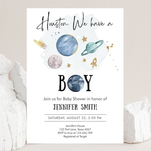 Editable Space Baby Shower Invitation Galaxy Outer Space It's a Boy Blue Planets Moon Houston Digital Download Evite Template Printable 0357