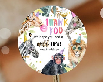 Editable Party Animals Favor Tags Wild One Animals Thank You Tags Safari Zoo Girl Birthday Wild Time Stickers Digital Download Template 0417