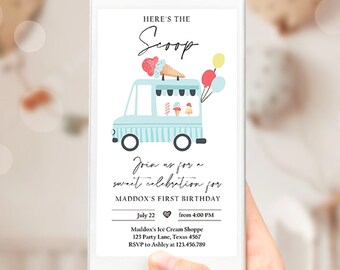 Editable Ice Cream Truck Birthday Evite Boy Ice Cream Truck Invite Modern Ice Cream Shoppe Van The Scoop Phone Digital Evite Template 0415