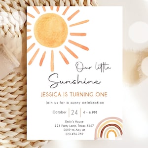 Editable Our Little Sunshine Birthday Invitation 1st Sunshine Birthday Party Neutral Boho Digital Download Evite Template Printable 0431
