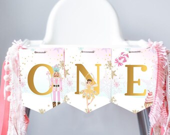 High Chair Banner Nutcracker Birthday Girl Land of Sweets Pink Gold Suger Plum Fairy 1st First Magical  Digital Download Printable 0352