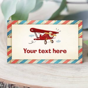 Bearbeitbare Flugzeug Lebensmitteletiketten Vintage Flugzeug Geburtstagsfeier Tischkarte Zeltkarte Einleger Junge Flugzeug Fläche Himmel Rot Vorlage Printable 0011