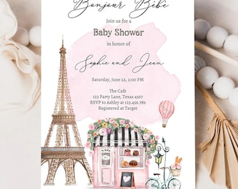 Editable Paris Baby Shower Invitation Bonjour Bebe French Patisserie Parisian Eiffel Tower Pink Download Evite Template Printable 0441