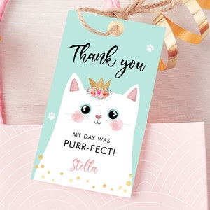 Editable Kitten Birthday Favor Tags Kitty Birthday Thank You Label Cat Party Gift Girl Purrfect Digital Download Template Printable 0381