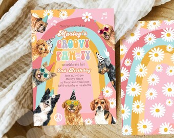 Editable Groovy Pawty Dog Birthday Party Invitation Retro Puppy Birthday Invite Girl Doggy Pawty Download Printable Template Corjl 0463