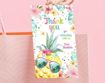 Editable Tropical Aloha Hawaiian Favor Tag Luau Birthday Party Pineapple Favor Tag Mahalo Pool Party Pink Girl Corjl Template Printable 0391